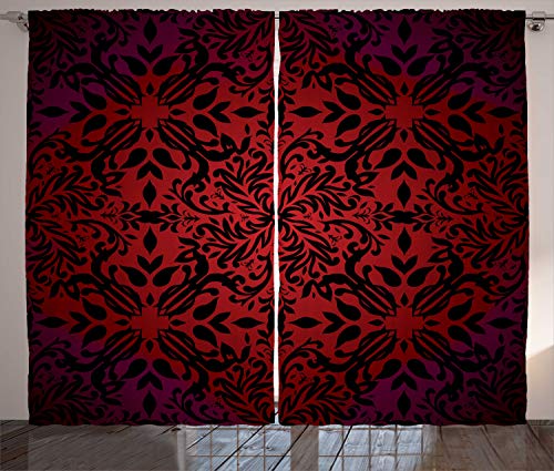 ABAKUHAUS rot schwarz Rustikaler Gardine, Orient Blumen Blätter, Schlafzimmer Kräuselband Vorhang mit Schlaufen und Haken, 280 x 245 cm, Schwarz Bordeauxrot von ABAKUHAUS
