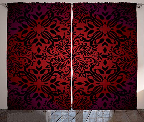 ABAKUHAUS rot schwarz Rustikaler Gardine, Orient Blumen Blätter, Schlafzimmer Kräuselband Vorhang mit Schlaufen und Haken, 280 x 260 cm, Schwarz Bordeauxrot von ABAKUHAUS