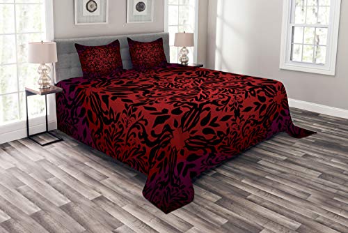 ABAKUHAUS rot schwarz Tagesdecke Set, Orient Blumen Blätter, Set mit Kissenbezügen Waschbar, für Doppelbetten 220 x 220 cm, Schwarz Bordeauxrot von ABAKUHAUS