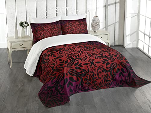 ABAKUHAUS rot schwarz Tagesdecke Set, Orient Blumen Blätter, Set mit Kissenbezügen Waschbar, für Doppelbetten 264 x 220 cm, Schwarz Bordeauxrot von ABAKUHAUS