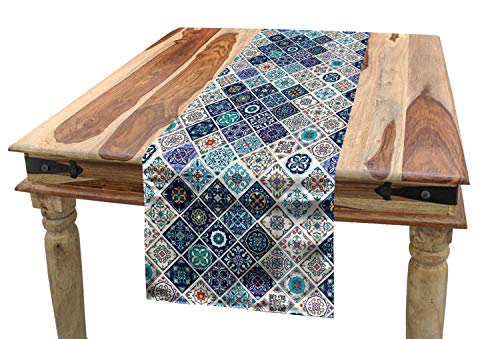 ABAKUHAUS traditionell Tischläufer, Portugiesisch Retro Tile, Esszimmer Küche Rechteckiger Dekorativer Tischläufer, 40 x 225 cm, Hellblau Weiß von ABAKUHAUS