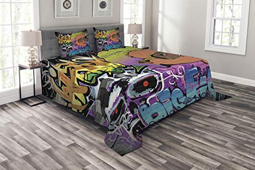 ABAKUHAUS urban Graffiti Tagesdecke Set, Hip Hop Entwurf, Set mit Kissenbezügen Waschbar, für Doppelbetten 220 x 220 cm, Lila Grau von ABAKUHAUS