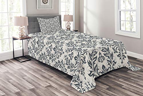 ABAKUHAUS viktorianisch Tagesdecke Set, Floral Aufwändiger Damast, Set mit Kissenbezug Moderne Designs, für Einzelbetten 170 x 220 cm, Beige Grau von ABAKUHAUS