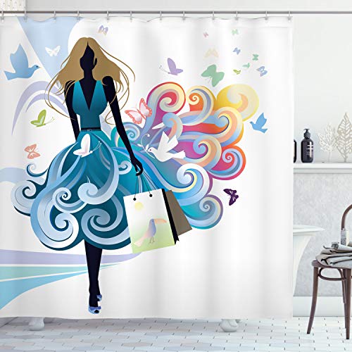 ABAKUHAUS zeitgenössisch Duschvorhang, Einkaufen Frau Kunst, Stoffliches Gewebe Badezimmerdekorationsset mit Haken, 175 x 220 cm, Mehrfarbig von ABAKUHAUS