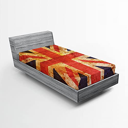 ABAKUHAUS England Spannbetttuch, Union Jack Motiv Grunge, Soft Dekorativer Stoff Bettwäsche Rund-um Elastischer Gummizug, 90 cm x 190 cm, Night Blue Vermilion von ABAKUHAUS