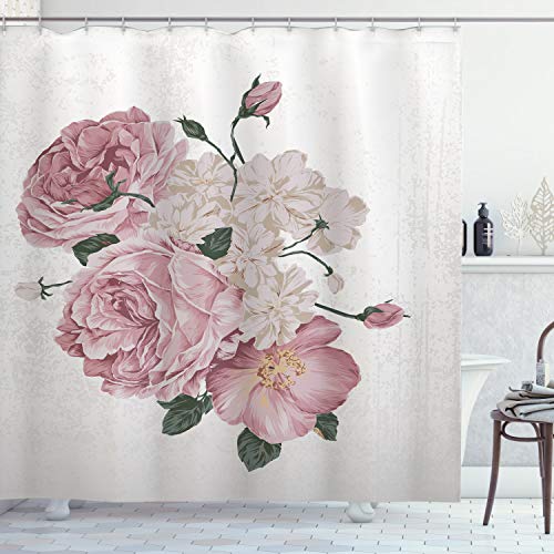 ABAKUHAUS Rose Duschvorhang, Alte Rosen Corsage Grunge, Stoffliches Gewebe Badezimmerdekorationsset mit Haken, 175 x 200 cm, Beige Rose Grün von ABAKUHAUS