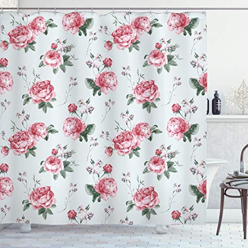 ABAKUHAUS Rose Duschvorhang, Rosa Blüten-Englisch Flora, Stoffliches Gewebe Badezimmerdekorationsset mit Haken, 175 x 200 cm, Reseda Grün von ABAKUHAUS