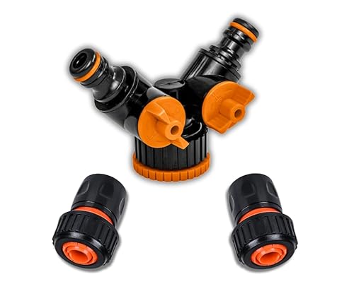 ABAZO Universal Verteiler 2-Wege-Splitter Adapter Wasserhahn Gartenschlauch - Wasserhahn Schlauchadapter - Wasserhahn mit Schnellverbinder, Gartenhahnanschluss 3/4" und 1" (1/2" Schnellanschlüsse) von ABAZO