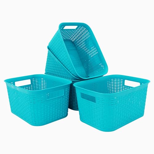 ABBAware 5er Set 9 Liter Aufbewahrungskorb mit Griffen im Rattan-Design, Türkis, der Umwelt zuliebe aus recyclebarem PP von ABBAware