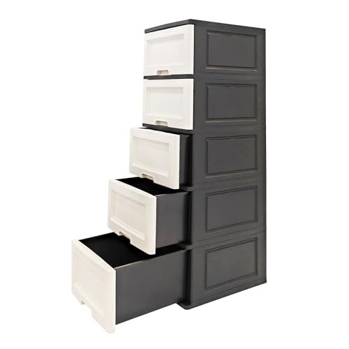 ABBAware Kommode 44x50x127 cm mit 5 großen XXL Schubladen, 40 Liter pro Schublade, in edlen Schwarz/Weiß Farben und feiner Kiefernholz-Optik der Umwelt zuliebe aus recyclebarem PP Kunststoff von ABBAware