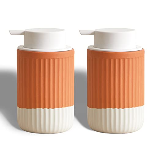 ABBI NIMO 2 Stück Keramik-Handseifenpumpe, Schaumspender, Terrakotta, natürlich geriffelte Schaumspenderflasche, 340 ml, orangefarbener Seifenschaumspender mit weißer Pumpe, nachfüllbarer von ABBI NIMO