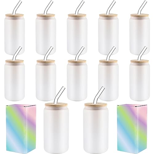ABBSH Sublimationsglasbecher mit Bambusdeckel und Strohhalmen, Milchglas, Sublimationsglas mit Bambusdeckel, 473 ml, Sublimations-Bierdosenglas, Sublimations-Mattierglas, Rohlinge, 12 Stück ABBSH Sublimationsglasbecher mit Bambusdeckel und Strohhalmen, Milchglas, Sublimationsglas mit Bambusdeckel, 473 ml, Sublimations-Bierdosenglas, Sublimations-Mattierglas, Rohlinge, 12 Stück von ABBSH