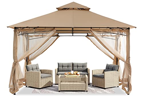 ABCCANOPY 2,4 m x 2,4 m Gartenpavillon für Terrasse Doppeldachweichdach Garten Hinterhof-Pavillon mit Netz für Schatten und Regen,Beige von ABCCANOPY