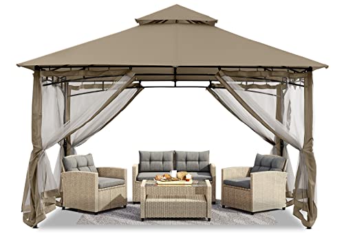 ABCCANOPY 2.5x2.5m Gartenpavillon für Terrasse Doppeldachweichdach Garten Hinterhof-Pavillon mit Netz für Schatten und Regen,Khaki von ABCCANOPY