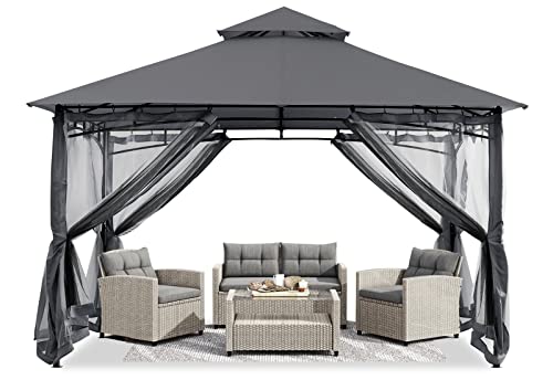 ABCCANOPY Pavillon 2.5x2.5m Wasserdicht Stabil Winterfest Gartenpavillon，Doppeldachweichdach Hinterhof-Partyzelt mit Netz für Schatten und Regen,Grau von ABCCANOPY