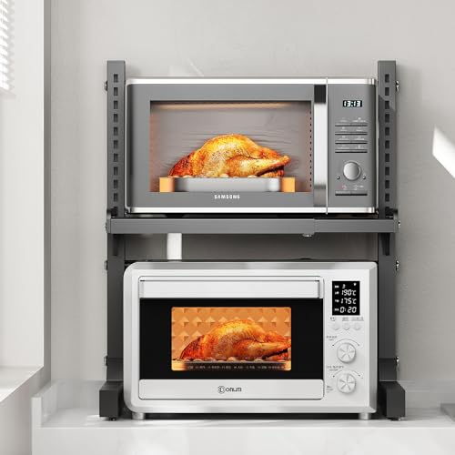 ABCOOL Einziehbare Verstellbare 2 Achsen Küche Bäcker Mikrowellenherd Rack, 1 Ebenen Erweiterbar und Höhenverstellbar Karbonstahl Regal Theke mit 3 Clip-Haken, Elektroherd Halterung von ABCOOL