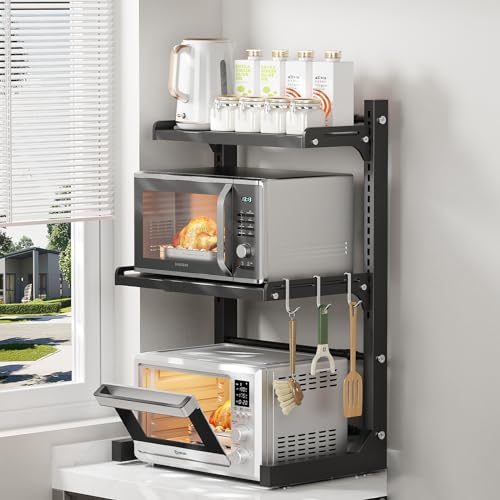 ABCOOL Einziehbare Verstellbare 2 Achsen Küche Bäcker Mikrowellenherd Rack, 2 Ebenen Erweiterbar und Höhenverstellbar Karbonstahl Regal Theke mit 3 Clip-Haken, Elektroherd Halterung von ABCOOL