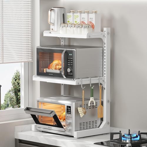 ABCOOL Einziehbare Verstellbare 2 Achsen Küche Bäcker Mikrowellenherd Rack, 2 Ebenen Erweiterbar und Höhenverstellbar Karbonstahl Regal Theke mit 3 Clip-Haken, Elektroherd Halterung von ABCOOL