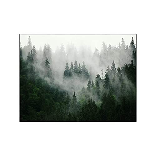 ABCWARRT Berg Nebelwald Bild Naturlandschaft Skandinavisches Poster Nordische Dekoration Landschaft Druck Wandkunst Leinwand Malerei (40 * 60cm Kein Rahmen,1) von ABCWARRT