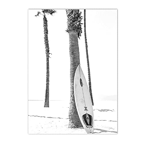 ABCWARRT Moderne Kunst Leinwand Malerei Surfen Kalifornien Schwarz Weiß Ozean Strand Kokosnuss Baum Poster Wohnzimmer Dekoration Bild (20 * 30cm Kein Rahmen,4) von ABCWARRT