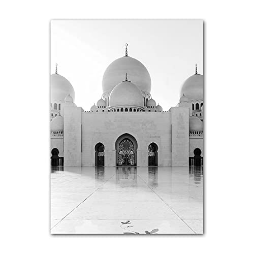 ABCWARRT Moderne Schwarz-Weiß-Leinwand-Malerei Große Moschee von Mekka Kaaba Schrift Islamisches Poster Wohnzimmer Dekor Bild Kein Rahmen (40 * 50cm Kein Rahmen,1) von ABCWARRT