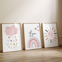 3Er-Set Personalisierte Kinderposter - Mädchenzimmer-Dekoration Rosa Terrakotta-Wolke Regenbogen-Triptychon Regenbogen-Poster von ABCreationParis