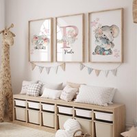 3Er-Set Elefantenposter Personalisiertes Geburtsgeschenk - Triptychon Dekoration Babyzimmer Mädchen Rosa Stern von ABCreationParis