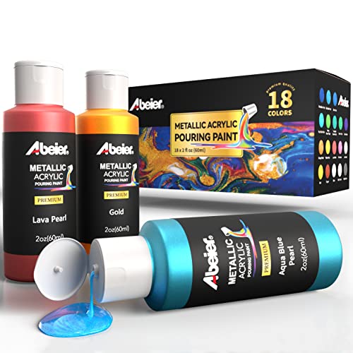 ABEIER Metallic Pouring Acrylfarbe, Set mit 18 Perlen Farben, vorgemischte Gießfarbe mit hohem Durchfluss (60 ml), Farbe zum Gießen auf Leinwand, Glas, Papier, Holz, Fliesen, Steine und mehr von ABEIER
