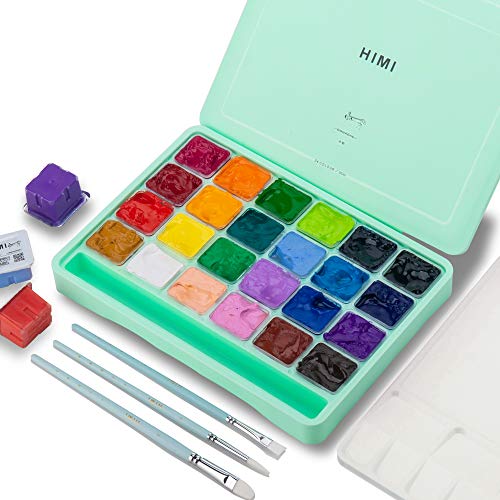HIMI Gouache-Farbenset, 24 Farben x 30 ml, einzigartiges Geleebecher-Design mit 3 Malpinseln und einer Palette in einer Tragetasche, perfekt für Künstler, Studenten, Gouache-Aquarellmalerei (Grün) von ABEIER