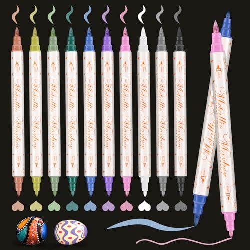 Metallic Marker Stifte,10 Dual Tip Metallic Acrylstifte Wasserfest,Metallischen Marker Set für Gästebuch, DIY Scrapbook,Goldstift für Holz,Glas,Steine,Keramik,Papier,Kunsthandwerk von ABEIER