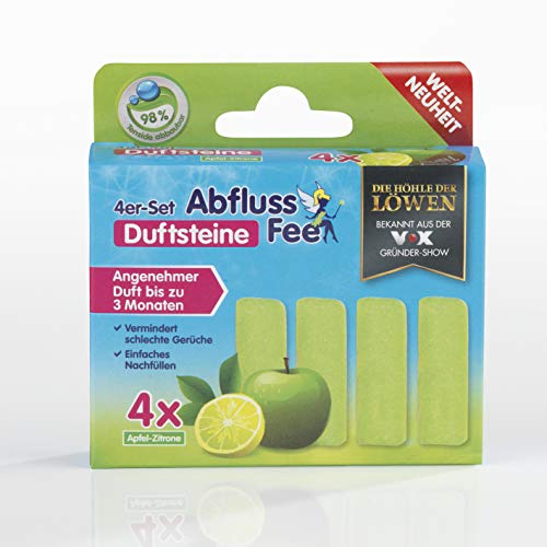 Abflussfee 4er Nachfüll-Set für Abflussfee Waschbeckenstöpsel | Reinigungssteine für Abflüsse jeder Art, Abflussreiniger | inkl. Frische Duft [Apfel Aroma, grün] von ABFLUSS-FEE