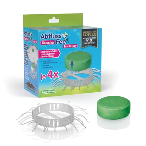 Abflussfee für die Dusche NEU (Mit Haarfänger und Duftstein) (4x Duftstein Apfel-Zitrone & 4x Haarfänger) von ABFLUSS-FEE