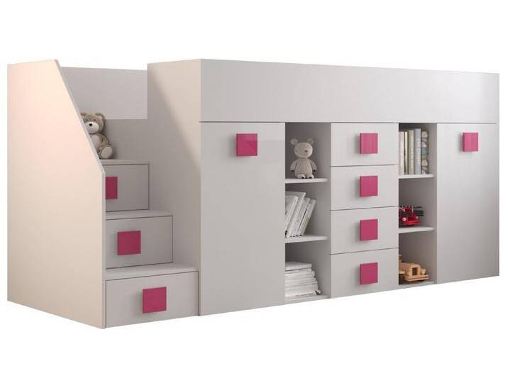 ABIKS MÖBEL Etagenbett TOLEDO 3 Hochbett für Jugendliche mit Schreibtisch und Kleiderschrank, links, weiß + weiß glänzend + rosa Griffe von ABIKS-MÖBEL