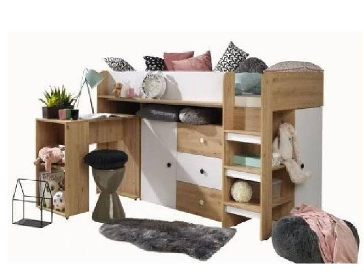 ABIKS MÖBEL Hochbett SMART 1 Etagenbett für Jugendliche mit Schreibtisch und Kleiderschrank, Artisan-Eiche + Weiß matt + schwarze Griffe von ABIKS-MÖBEL