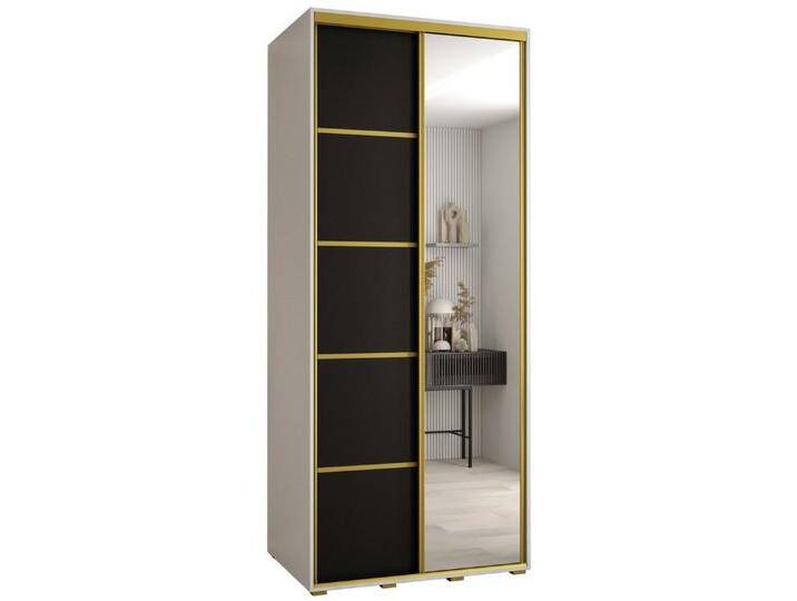 ABIKS MÖBEL Kleiderschrank Davos 5 Schlafzimmerschrank mit Spiegel, Kleiderstange und Regalen, schwarz, Weiß / Schwarz / Gold von ABIKS-MÖBEL