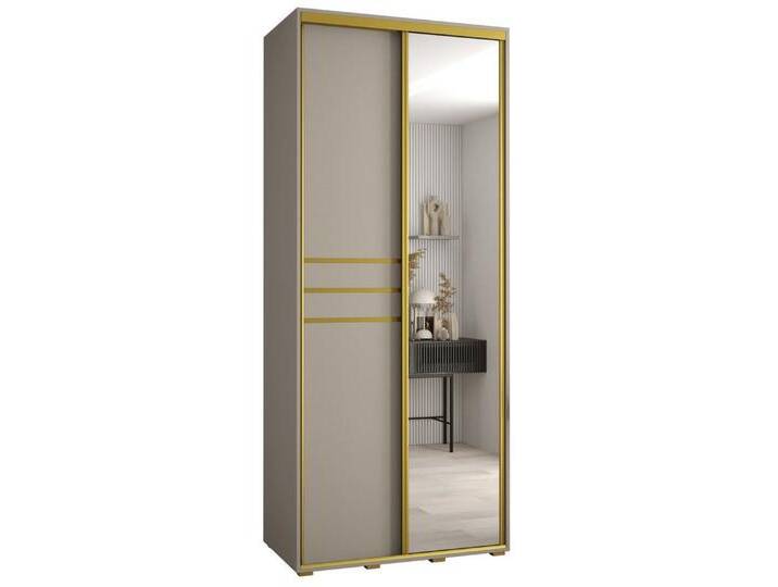 ABIKS MÖBEL Schwebetürenschrank Dakota 11 Schlafzimmerschrank mit Spiegel, Kleiderstange und Regalen, Kaschmir / Gold von ABIKS-MÖBEL
