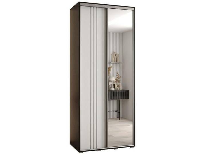 ABIKS MÖBEL Schwebetürenschrank Davos 7 Schlafzimmerschrank mit Spiegel, Kleiderstange und Regalen, schwarz silberfarben, Schwarz / Weiß / Silber von ABIKS-MÖBEL
