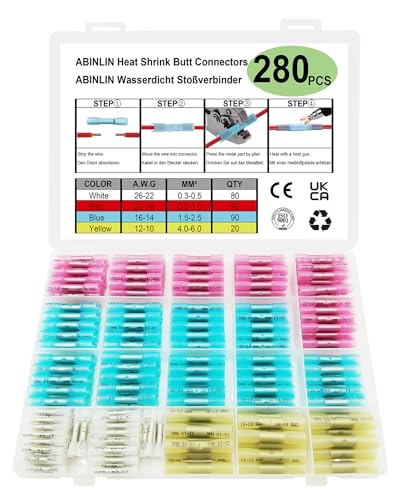 ABINLIN Stoßverbinder Kabelverbinder Wasserdicht 280 Stk - 10-26 AWG Schrumpfverbinder Quetschverbinder Set, Lötverbinder Sortiment Set für KFZ, Marine, Boot（AWG10-26） von ABINLIN