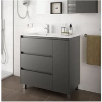 Abitare - 85 cm bodenstehender Badezimmerschrank aus mattgrauem Holz mit eingebautem Waschbecken – Amalfi - Mit Doppelsäule Lampe Abitare - 85 cm bodenstehender Badezimmerschrank aus mattgrauem Holz mit eingebautem Waschbecken – Amalfi - Mit Doppelsäule Lampe von ABITARE