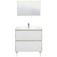 Freistehender Badezimmerschrank 80 cm in heller Eiche und glänzendem Weiß mit Spiegel und Waschbecken - California - Standard Freistehender Badezimmerschrank 80 cm in heller Eiche und glänzendem Weiß mit Spiegel und Waschbecken - California - Standard von ABITARE