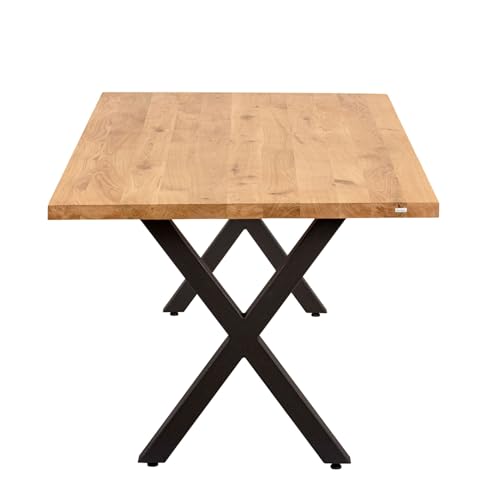 ABL HOLZ-ZENTRALE Massivholztisch Eiche 200x100 cm – Esszimmertisch mit 4 cm Tischplatte & X-Gestell aus Metall – moderner Esstisch, handgefertigt, Natürlich geölt (180x85 cm gerade Kante) von ABL HOLZ-ZENTRALE