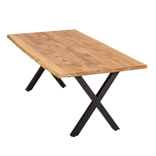 ABL HOLZ-ZENTRALE Massivholztisch Eiche 200x100 cm – Esszimmertisch mit 4 cm Tischplatte & X-Gestell aus Metall – moderner Esstisch, handgefertigt, Natürlich geölt (240x100 cm mit Baumkante) von ABL HOLZ-ZENTRALE