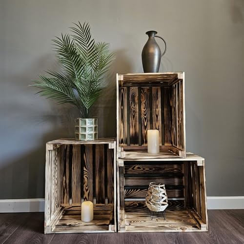 ABL HOLZ-ZENTRALE Vintage Holzkisten Geflammt – 50x40x30 cm (3 Stück) – Weinkisten & Obstkisten im Used-Look – Dekokisten & Regale – Holzboxen als Möbel & Aufbewahrung – Rustikale Deko (3) von ABL HOLZ-ZENTRALE