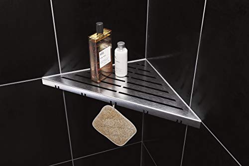 ABLAGO Duschablage/Eckregal für Dusche Edelstahl gebürstet mit Haken - nachträglich einbaubar/nachrüstbar - Classic Design 240x240x340mm von ABLAGO