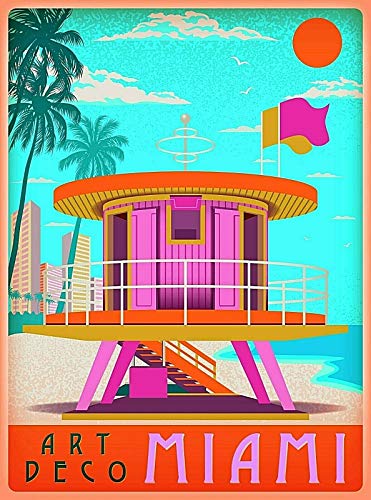 ABLERTRADE Metallschild Art Deco Miami Beach Florida Sunny Day Retro Reise Wanddekoration Kunst Blech Poster Wanddekoration Schilder 20,3 x 30,5 cm von ABLERTRADE