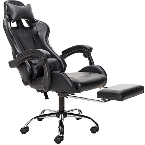 ABNMJKI Ergonomic High Back Racing Chair - Schwarz - Leder - Metall - Mesh-Rücken - Pillow Top - Räder - 3 Reclining Positions - 54 cm Breite - Gaming - Stuhl von ABNMJKI