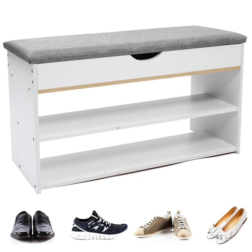 ABOOFAN Schuhbank mit Stauraum Warmweiß Robuste Sitzbank mit Klappbarer Sitzfläche Multifunktionales Schuhregal für Flur und Eingangsbereich Platzsparend und Langlebig von ABOOFAN