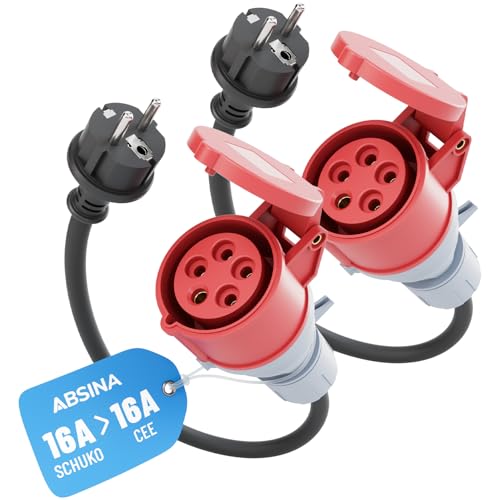 ABSINA 2x Adapter Schuko Stecker auf CEE Kupplung - Schuko auf CEE 16A 5-polig mit 60 cm Kabellänge & IP44 Schutz - Schuko auf CEE als Elektroauto Zubehör – Adapter 230V von ABSINA