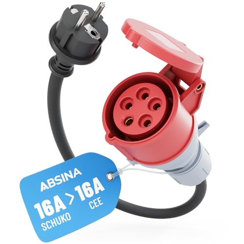 ABSINA Adapter Schuko Stecker auf CEE Kupplung - Schuko auf CEE 16A 5-polig mit 60 cm Kabellänge & IP44 Schutz - Schuko auf CEE als Elektroauto Zubehör – Adapter 230V von ABSINA