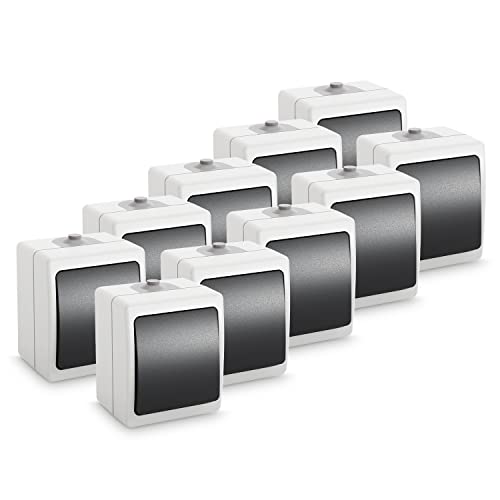 greate 10x Feuchtraum Wechselschalter Aufputz - Aufputzschalter 1fach, IP54, 250V, 10A - Aufputz Schalter, Lichtschalter Aufputz Feuchtraum Schalter, Schalter Aussenbereich, Feuchtraumschalter außen von greate